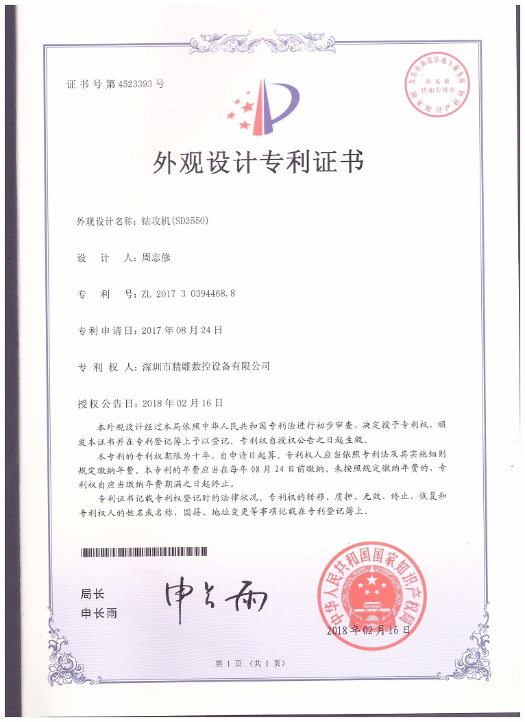 公司2018年取得，大型非標鉆攻機 SD2550外觀設計專利證書。